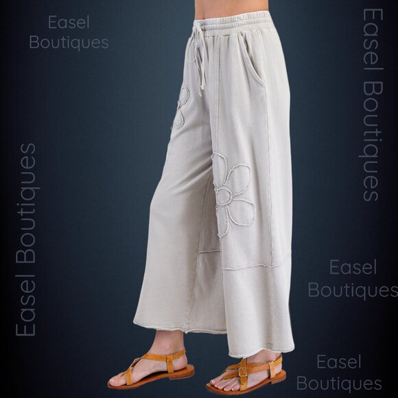 EASEL “Flower Path” Mineral Washed Pants Wide Leg Cozy Relax Fit Raw Seams, Hems - Picture 2 of 14